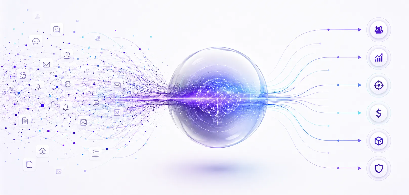 Visualización de infraestructura cognitiva: nodos organizacionales convergiendo en un haz de luz